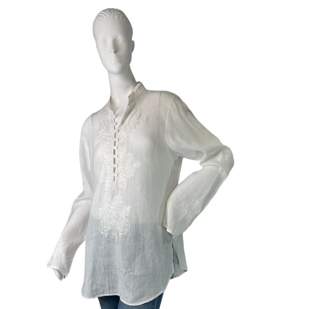 Wallmann Textile Austria 100% Linen White Tunic Blouse Embroidered Size 38, Med